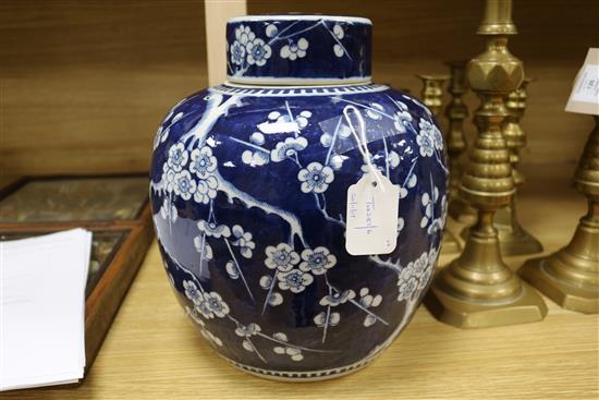A Chinese large bulbous ginger jar and cover decorated prunus
